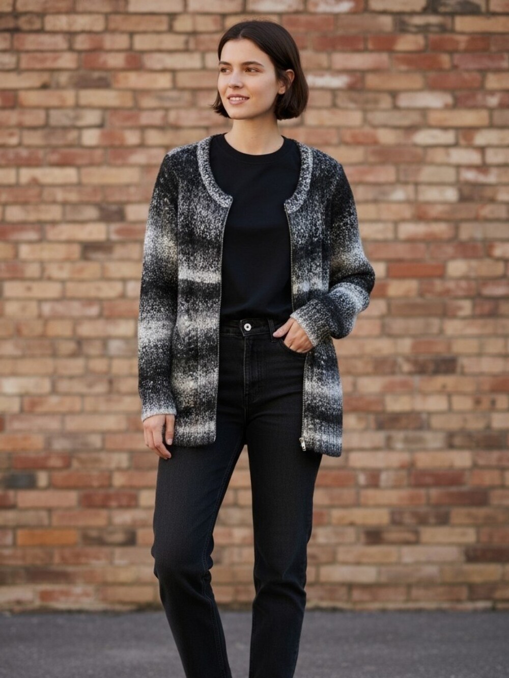 Liz Claiborne Black & Gray Ombre Open Front Cardigan | Longline Knit | Size L |